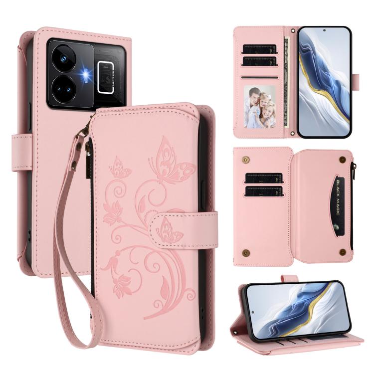 Butterfly Love Flower Multi-card Zipper Wallet Leather Phone Case, For Realme Narzo 60 Pro, For Realme C65 4G Global, For Realme C55 4G Global / Narzo N55, For Realme C33 2023 / 2022, For Realme 10T 5G / 10S 5G, For Realme GT3 5G /  GT Neo 5 240W