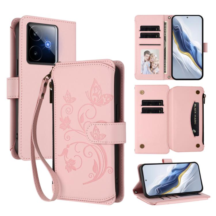 Butterfly Love Flower Multi-card Zipper Wallet Leather Phone Case, For Realme GT 7 5G India, For Realme V70 5G / 14x Global / C75 5G, For Realme Narzo 80x, For Realme 14 / P3 / 14T 5G Global, For Realme P3 Ultra 5G Global, For Realme P3 Pro 5G Global