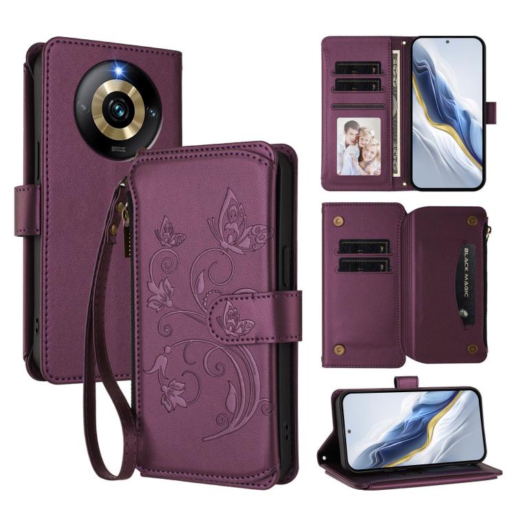 Butterfly Love Flower Multi-card Zipper Wallet Leather Phone Case, For Realme Narzo 60 Pro, For Realme C65 4G Global, For Realme C55 4G Global / Narzo N55, For Realme C33 2023 / 2022, For Realme 10T 5G / 10S 5G, For Realme GT3 5G /  GT Neo 5 240W