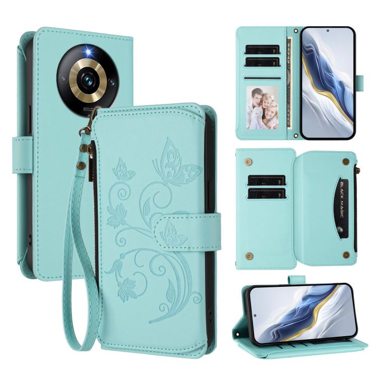 Butterfly Love Flower Multi-card Zipper Wallet Leather Phone Case, For Realme Narzo 60 Pro, For Realme C65 4G Global, For Realme C55 4G Global / Narzo N55, For Realme C33 2023 / 2022, For Realme 10T 5G / 10S 5G, For Realme GT3 5G /  GT Neo 5 240W