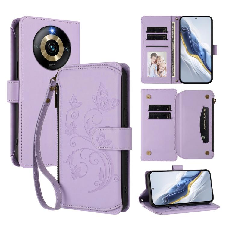Butterfly Love Flower Multi-card Zipper Wallet Leather Phone Case, For Realme Narzo 60 Pro, For Realme C65 4G Global, For Realme C55 4G Global / Narzo N55, For Realme C33 2023 / 2022, For Realme 10T 5G / 10S 5G, For Realme GT3 5G /  GT Neo 5 240W