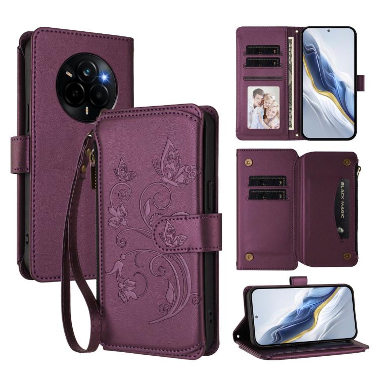 Butterfly Love Flower Multi-card Zipper Wallet Leather Phone Case, For Realme 16 Pro+ 5G Global, For Realme 16 Pro 5G Global, For Realme Note 70 4G / 70T 4G, For Realme Narzo 80 Pro, For Realme C83 India / C85 / 15X, For Realme P4 Pro 5G