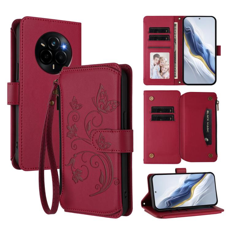 Butterfly Love Flower Multi-card Zipper Wallet Leather Phone Case, For Realme 16 Pro+ 5G Global, For Realme 16 Pro 5G Global, For Realme Note 70 4G / 70T 4G, For Realme Narzo 80 Pro, For Realme C83 India / C85 / 15X, For Realme P4 Pro 5G