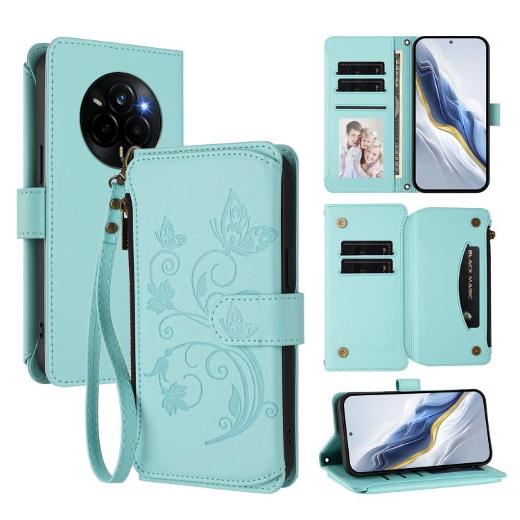 Butterfly Love Flower Multi-card Zipper Wallet Leather Phone Case, For Realme 16 Pro+ 5G Global, For Realme 16 Pro 5G Global, For Realme Note 70 4G / 70T 4G, For Realme Narzo 80 Pro, For Realme C83 India / C85 / 15X, For Realme P4 Pro 5G