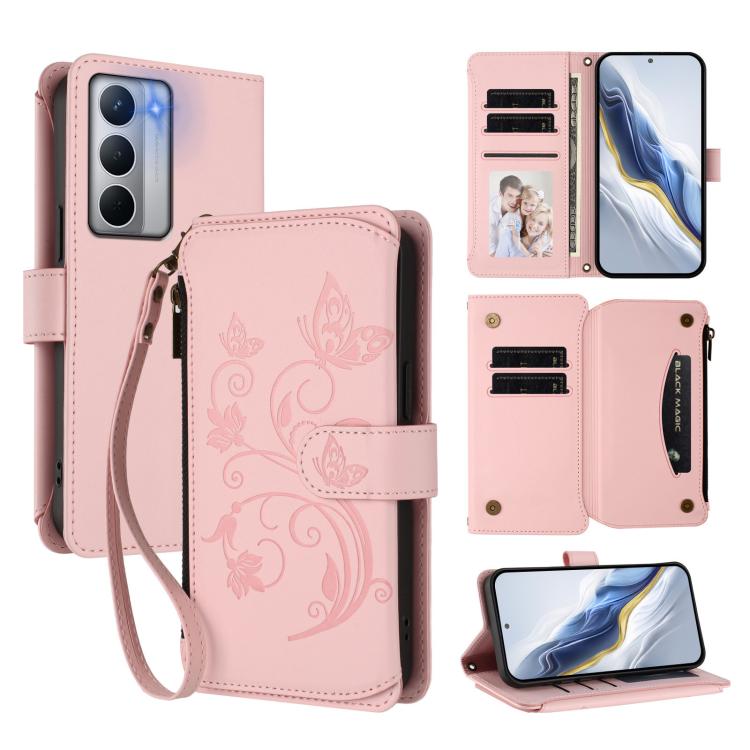 Butterfly Love Flower Multi-card Zipper Wallet Leather Phone Case, For Realme GT 7 5G India, For Realme V70 5G / 14x Global / C75 5G, For Realme Narzo 80x, For Realme 14 / P3 / 14T 5G Global, For Realme P3 Ultra 5G Global, For Realme P3 Pro 5G Global