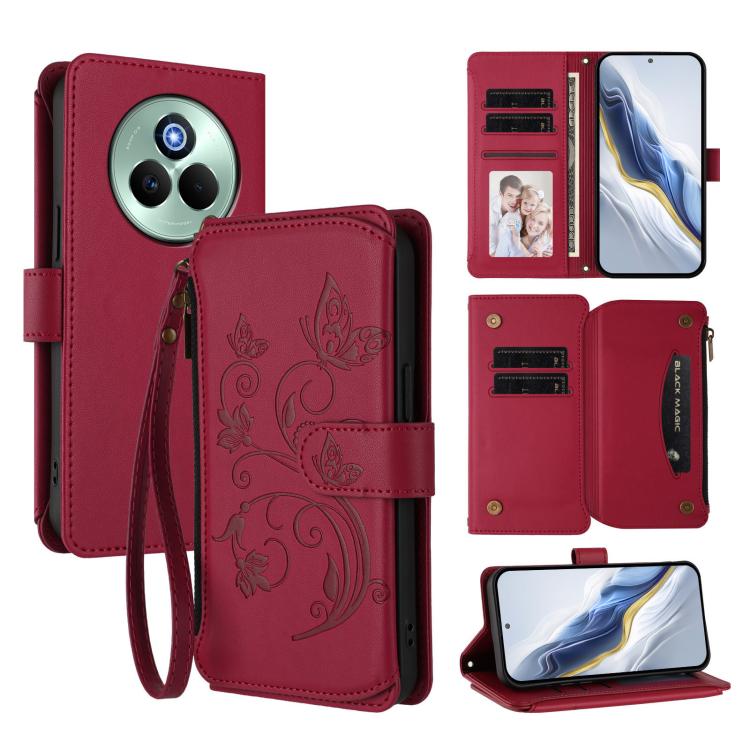 Butterfly Love Flower Multi-card Zipper Wallet Leather Phone Case, For Realme GT 7 5G India, For Realme V70 5G / 14x Global / C75 5G, For Realme Narzo 80x, For Realme 14 / P3 / 14T 5G Global, For Realme P3 Ultra 5G Global, For Realme P3 Pro 5G Global