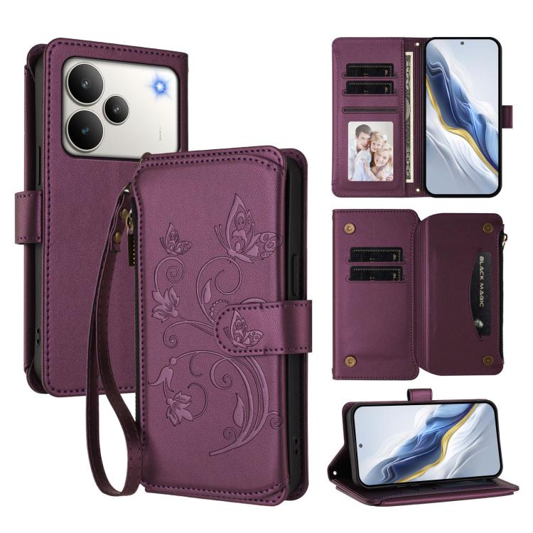 Butterfly Love Flower Multi-card Zipper Wallet Leather Phone Case, For Realme 16 Pro+ 5G Global, For Realme 16 Pro 5G Global, For Realme Note 70 4G / 70T 4G, For Realme Narzo 80 Pro, For Realme C83 India / C85 / 15X, For Realme P4 Pro 5G