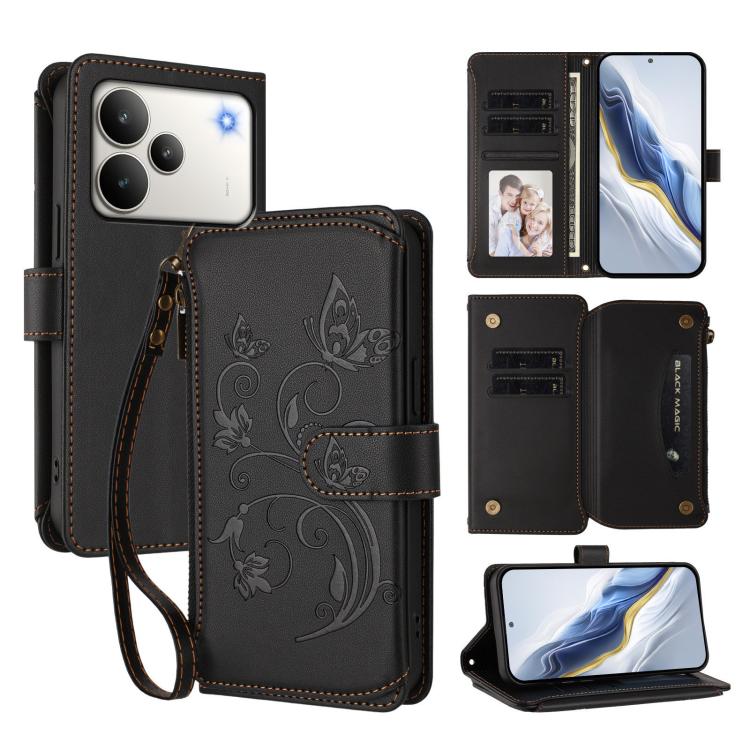 Butterfly Love Flower Multi-card Zipper Wallet Leather Phone Case, For Realme 16 Pro+ 5G Global, For Realme 16 Pro 5G Global, For Realme Note 70 4G / 70T 4G, For Realme Narzo 80 Pro, For Realme C83 India / C85 / 15X, For Realme P4 Pro 5G