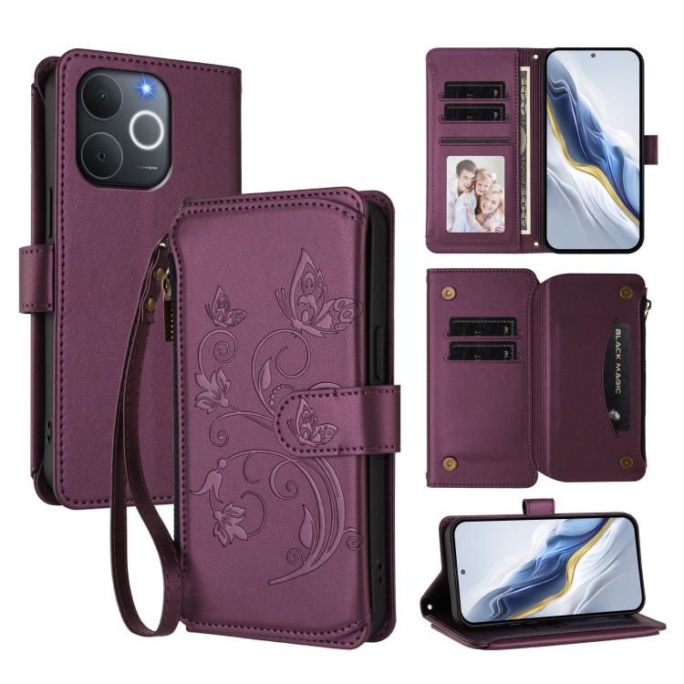 Butterfly Love Flower Multi-card Zipper Wallet Leather Phone Case, For Realme 16 Pro+ 5G Global, For Realme 16 Pro 5G Global, For Realme Note 70 4G / 70T 4G, For Realme Narzo 80 Pro, For Realme C83 India / C85 / 15X, For Realme P4 Pro 5G