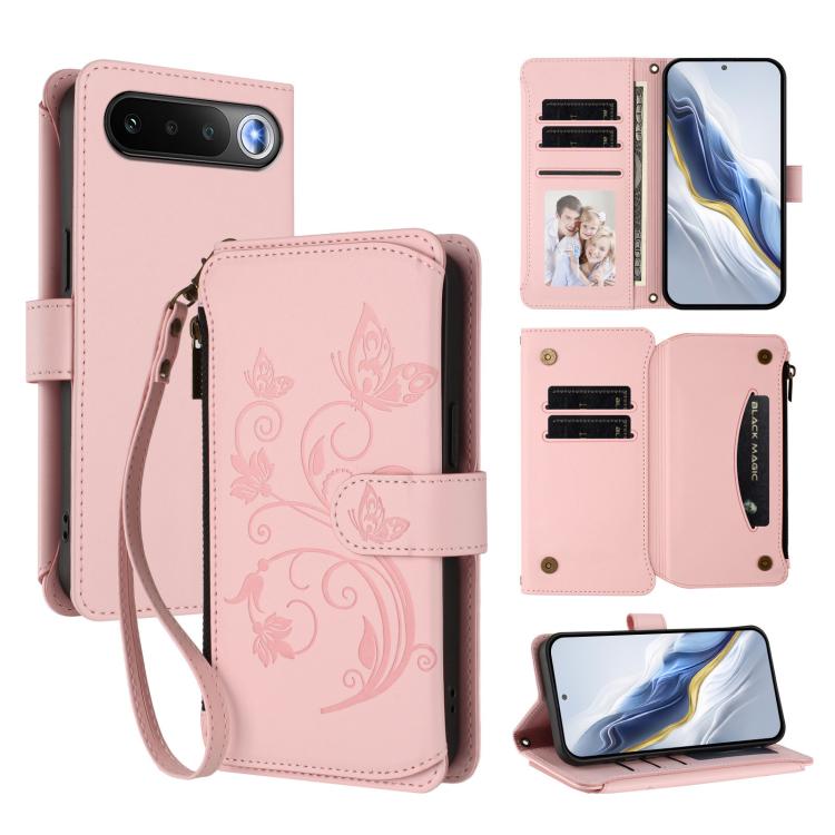 Butterfly Love Flower Multi-card Zipper Wallet Leather Phone Case, For Realme P4x 5G / OnePlus Nord CE6 Lite, For Realme 16T 5G Global, For Realme C100 / C85 5G Global / 15X 5G, For Realme P4 Power 4G, For Realme Note 80 4G Global, For Realme 16 5G Global