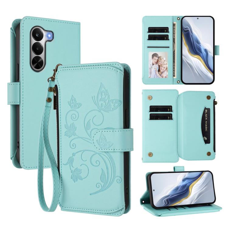 Butterfly Love Flower Multi-card Zipper Wallet Leather Phone Case, For Realme P4x 5G / OnePlus Nord CE6 Lite, For Realme 16T 5G Global, For Realme C100 / C85 5G Global / 15X 5G, For Realme P4 Power 4G, For Realme Note 80 4G Global, For Realme 16 5G Global