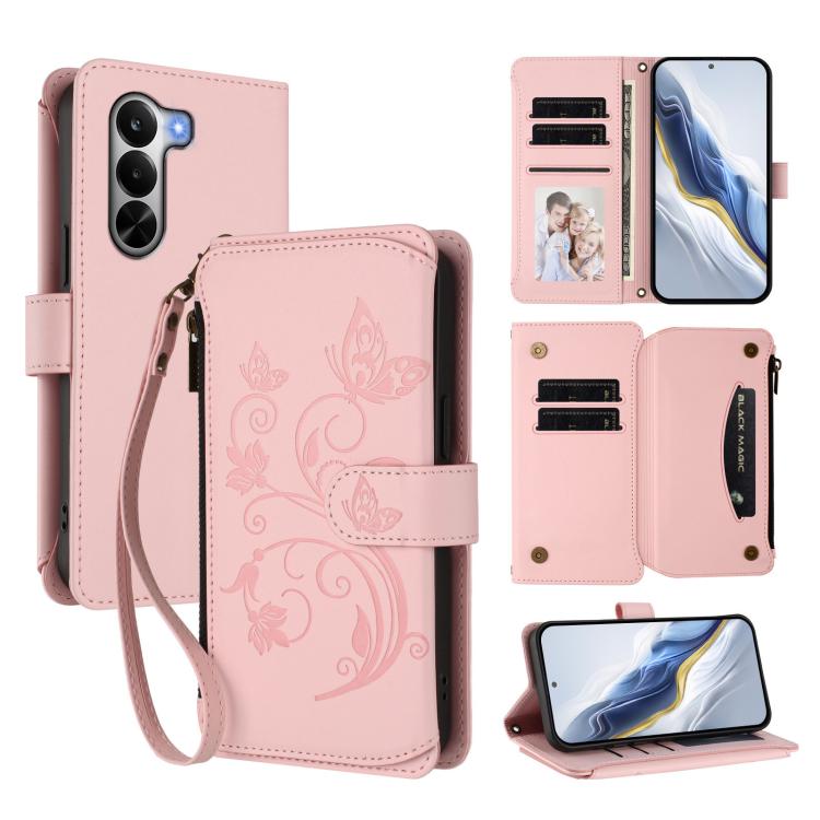Butterfly Love Flower Multi-card Zipper Wallet Leather Phone Case, For Realme P4x 5G / OnePlus Nord CE6 Lite, For Realme 16T 5G Global, For Realme C100 / C85 5G Global / 15X 5G, For Realme P4 Power 4G, For Realme Note 80 4G Global, For Realme 16 5G Global
