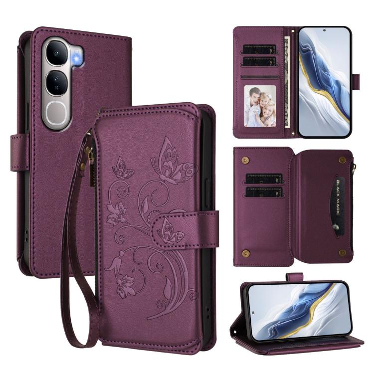 Butterfly Love Flower Multi-card Zipper Wallet Leather Phone Case, For vivo Y300 5G Global / V40 Lite IDN, For vivo X200 5G, For vivo X200 Pro mini, For vivo X200 Pro 5G, For vivo Y100 5G IDN / Y200e Global, For vivo V40e 5G India / iQOO Z9s 5G