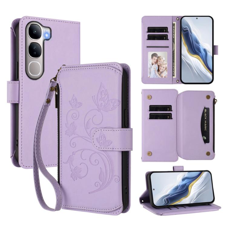 Butterfly Love Flower Multi-card Zipper Wallet Leather Phone Case, For vivo Y300 5G Global / V40 Lite IDN, For vivo X200 5G, For vivo X200 Pro mini, For vivo X200 Pro 5G, For vivo Y100 5G IDN / Y200e Global, For vivo V40e 5G India / iQOO Z9s 5G