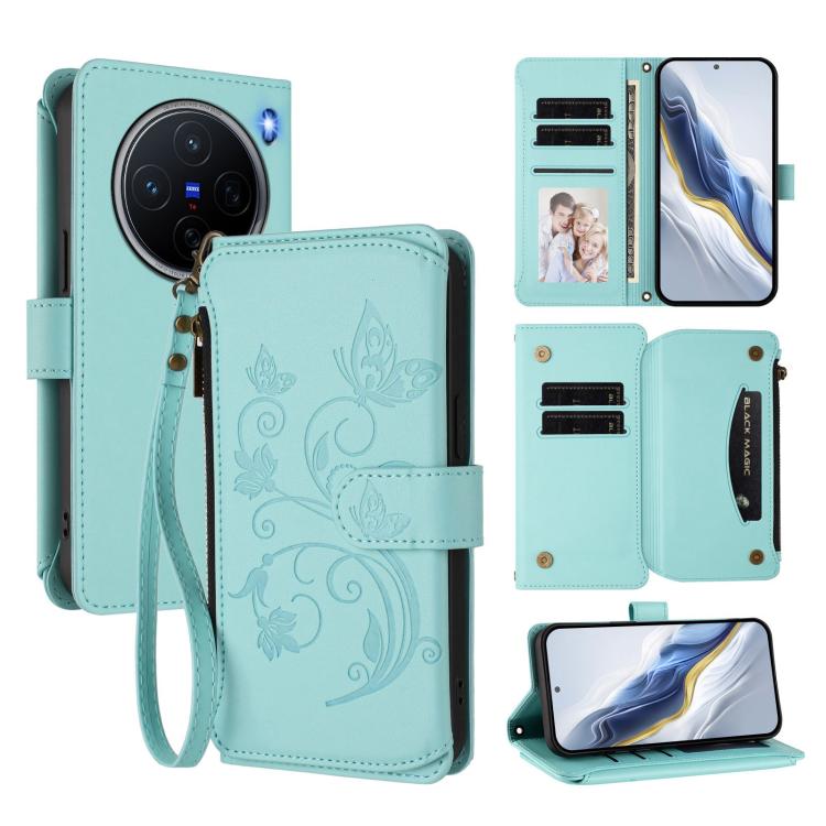 Butterfly Love Flower Multi-card Zipper Wallet Leather Phone Case, For vivo Y300 5G Global / V40 Lite IDN, For vivo X200 5G, For vivo X200 Pro mini, For vivo X200 Pro 5G, For vivo Y100 5G IDN / Y200e Global, For vivo V40e 5G India / iQOO Z9s 5G