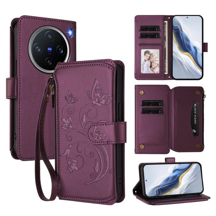 Butterfly Love Flower Multi-card Zipper Wallet Leather Phone Case, For vivo Y300 5G Global / V40 Lite IDN, For vivo X200 5G, For vivo X200 Pro mini, For vivo X200 Pro 5G, For vivo Y100 5G IDN / Y200e Global, For vivo V40e 5G India / iQOO Z9s 5G