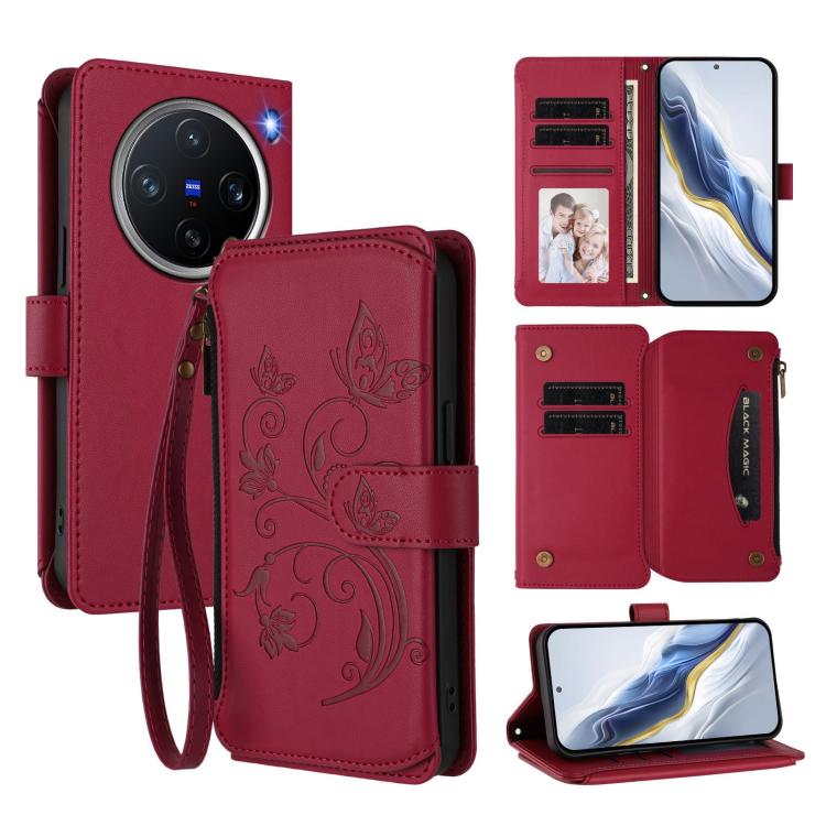 Butterfly Love Flower Multi-card Zipper Wallet Leather Phone Case, For vivo Y300 5G Global / V40 Lite IDN, For vivo X200 5G, For vivo X200 Pro mini, For vivo X200 Pro 5G, For vivo Y100 5G IDN / Y200e Global, For vivo V40e 5G India / iQOO Z9s 5G