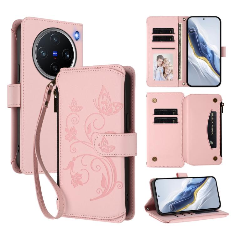 Butterfly Love Flower Multi-card Zipper Wallet Leather Phone Case, For vivo Y300 5G Global / V40 Lite IDN, For vivo X200 5G, For vivo X200 Pro mini, For vivo X200 Pro 5G, For vivo Y100 5G IDN / Y200e Global, For vivo V40e 5G India / iQOO Z9s 5G