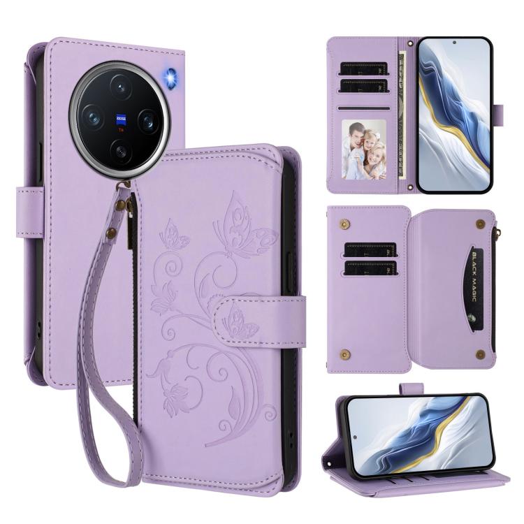 Butterfly Love Flower Multi-card Zipper Wallet Leather Phone Case, For vivo Y300 5G Global / V40 Lite IDN, For vivo X200 5G, For vivo X200 Pro mini, For vivo X200 Pro 5G, For vivo Y100 5G IDN / Y200e Global, For vivo V40e 5G India / iQOO Z9s 5G