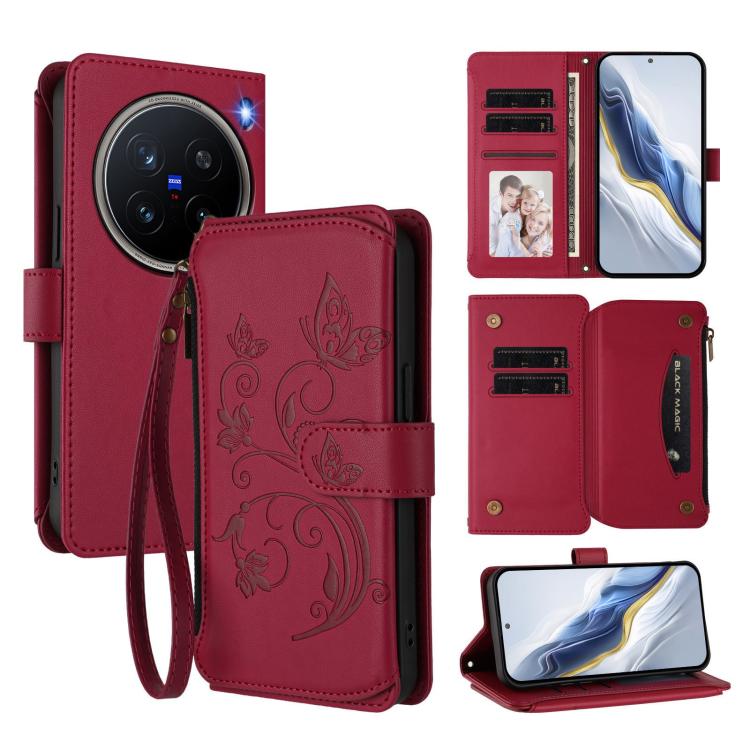 Butterfly Love Flower Multi-card Zipper Wallet Leather Phone Case, For vivo Y300 5G Global / V40 Lite IDN, For vivo X200 5G, For vivo X200 Pro mini, For vivo X200 Pro 5G, For vivo Y100 5G IDN / Y200e Global, For vivo V40e 5G India / iQOO Z9s 5G