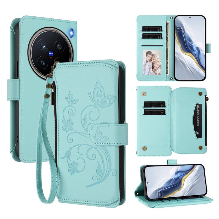 Butterfly Love Flower Multi-card Zipper Wallet Leather Phone Case, For vivo Y300 5G Global / V40 Lite IDN, For vivo X200 5G, For vivo X200 Pro mini, For vivo X200 Pro 5G, For vivo Y100 5G IDN / Y200e Global, For vivo V40e 5G India / iQOO Z9s 5G