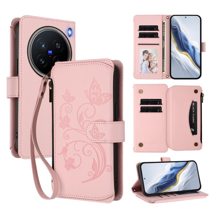 Butterfly Love Flower Multi-card Zipper Wallet Leather Phone Case, For vivo Y300 5G Global / V40 Lite IDN, For vivo X200 5G, For vivo X200 Pro mini, For vivo X200 Pro 5G, For vivo Y100 5G IDN / Y200e Global, For vivo V40e 5G India / iQOO Z9s 5G