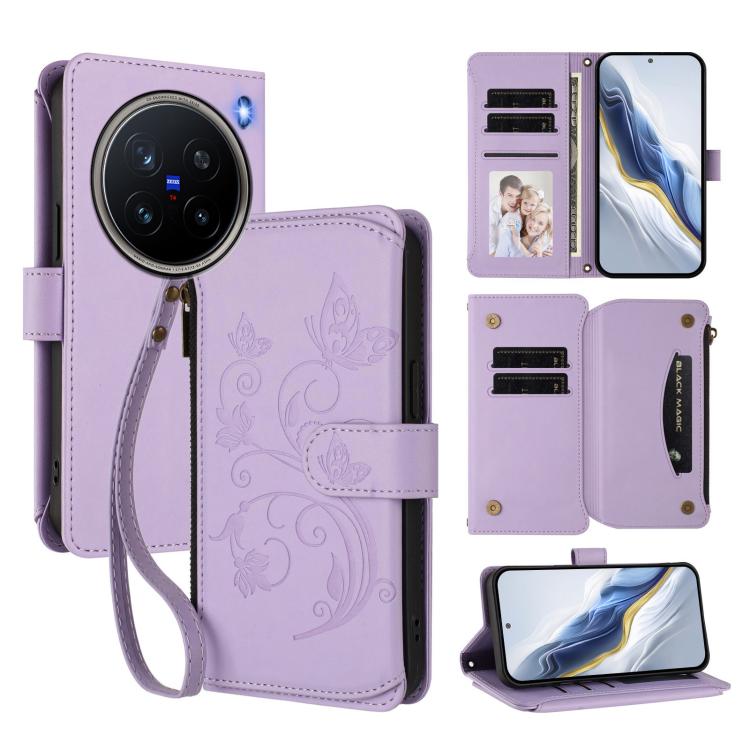 Butterfly Love Flower Multi-card Zipper Wallet Leather Phone Case, For vivo Y300 5G Global / V40 Lite IDN, For vivo X200 5G, For vivo X200 Pro mini, For vivo X200 Pro 5G, For vivo Y100 5G IDN / Y200e Global, For vivo V40e 5G India / iQOO Z9s 5G