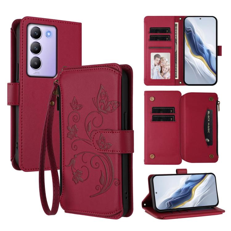 Butterfly Love Flower Multi-card Zipper Wallet Leather Phone Case, For vivo Y300 5G Global / V40 Lite IDN, For vivo X200 5G, For vivo X200 Pro mini, For vivo X200 Pro 5G, For vivo Y100 5G IDN / Y200e Global, For vivo V40e 5G India / iQOO Z9s 5G