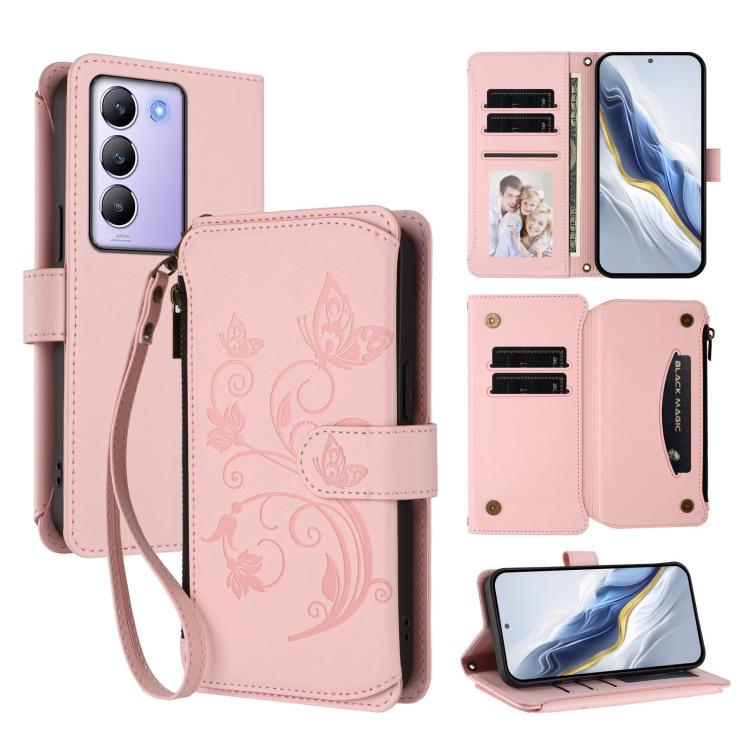 Butterfly Love Flower Multi-card Zipper Wallet Leather Phone Case, For vivo Y300 5G Global / V40 Lite IDN, For vivo X200 5G, For vivo X200 Pro mini, For vivo X200 Pro 5G, For vivo Y100 5G IDN / Y200e Global, For vivo V40e 5G India / iQOO Z9s 5G