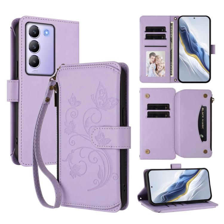 Butterfly Love Flower Multi-card Zipper Wallet Leather Phone Case, For vivo Y300 5G Global / V40 Lite IDN, For vivo X200 5G, For vivo X200 Pro mini, For vivo X200 Pro 5G, For vivo Y100 5G IDN / Y200e Global, For vivo V40e 5G India / iQOO Z9s 5G