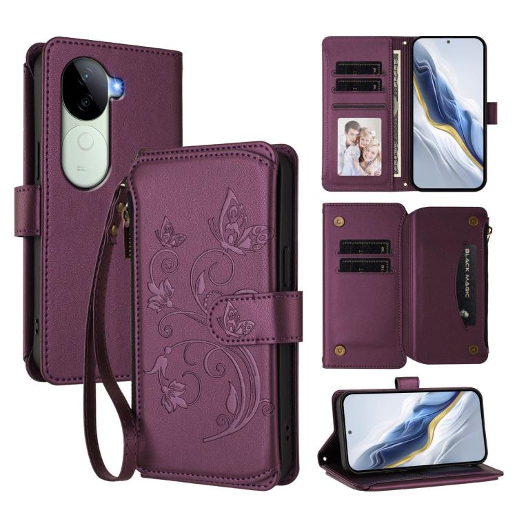 Butterfly Love Flower Multi-card Zipper Wallet Leather Phone Case, For vivo Y300 5G Global / V40 Lite IDN, For vivo X200 5G, For vivo X200 Pro mini, For vivo X200 Pro 5G, For vivo Y100 5G IDN / Y200e Global, For vivo V40e 5G India / iQOO Z9s 5G