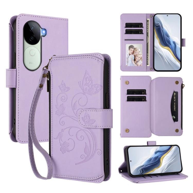 Butterfly Love Flower Multi-card Zipper Wallet Leather Phone Case, For vivo Y300 5G Global / V40 Lite IDN, For vivo X200 5G, For vivo X200 Pro mini, For vivo X200 Pro 5G, For vivo Y100 5G IDN / Y200e Global, For vivo V40e 5G India / iQOO Z9s 5G