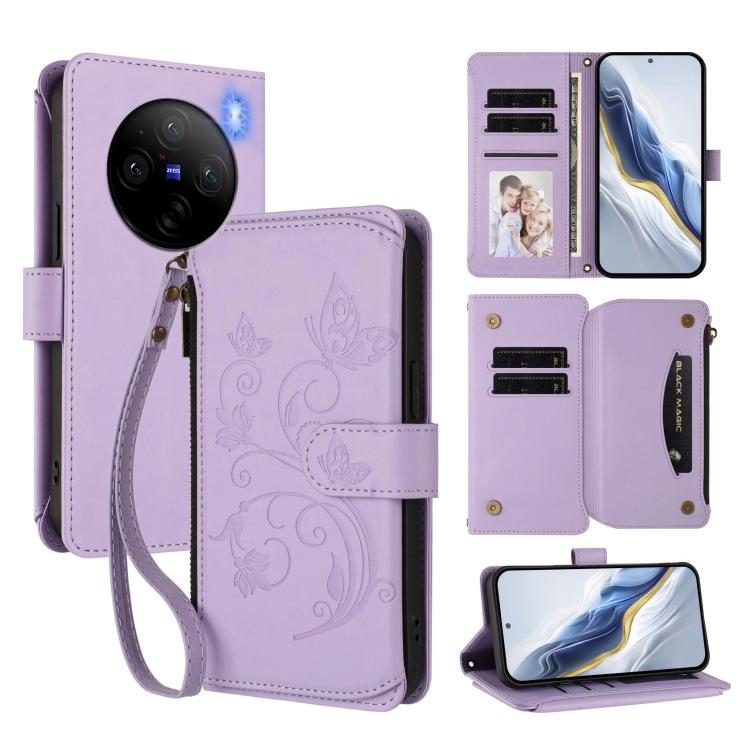 Butterfly Love Flower Multi-card Zipper Wallet Leather Phone Case, For vivo Y38 5G Global / T3X 5G, For vivo X100 Pro / X100s Pro, For vivo X100s 5G, For vivo iQOO Z9x, For vivo iQOO Neo Z9 / Z9 Pro Turbo 5G, For vivo S18 / S18 Pro 5G / V30 Pro