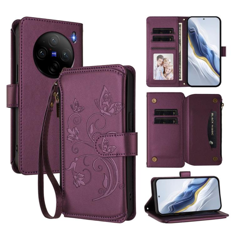 Butterfly Love Flower Multi-card Zipper Wallet Leather Phone Case, For vivo Y38 5G Global / T3X 5G, For vivo X100 Pro / X100s Pro, For vivo X100s 5G, For vivo iQOO Z9x, For vivo iQOO Neo Z9 / Z9 Pro Turbo 5G, For vivo S18 / S18 Pro 5G / V30 Pro