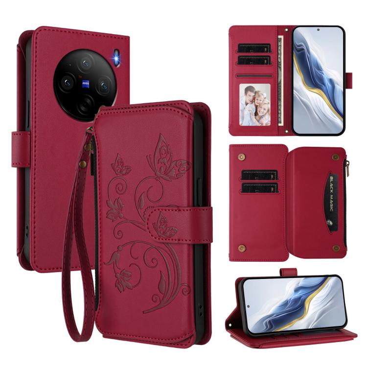 Butterfly Love Flower Multi-card Zipper Wallet Leather Phone Case, For vivo Y38 5G Global / T3X 5G, For vivo X100 Pro / X100s Pro, For vivo X100s 5G, For vivo iQOO Z9x, For vivo iQOO Neo Z9 / Z9 Pro Turbo 5G, For vivo S18 / S18 Pro 5G / V30 Pro