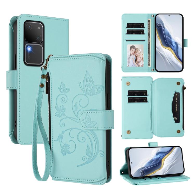 Butterfly Love Flower Multi-card Zipper Wallet Leather Phone Case, For vivo Y38 5G Global / T3X 5G, For vivo X100 Pro / X100s Pro, For vivo X100s 5G, For vivo iQOO Z9x, For vivo iQOO Neo Z9 / Z9 Pro Turbo 5G, For vivo S18 / S18 Pro 5G / V30 Pro
