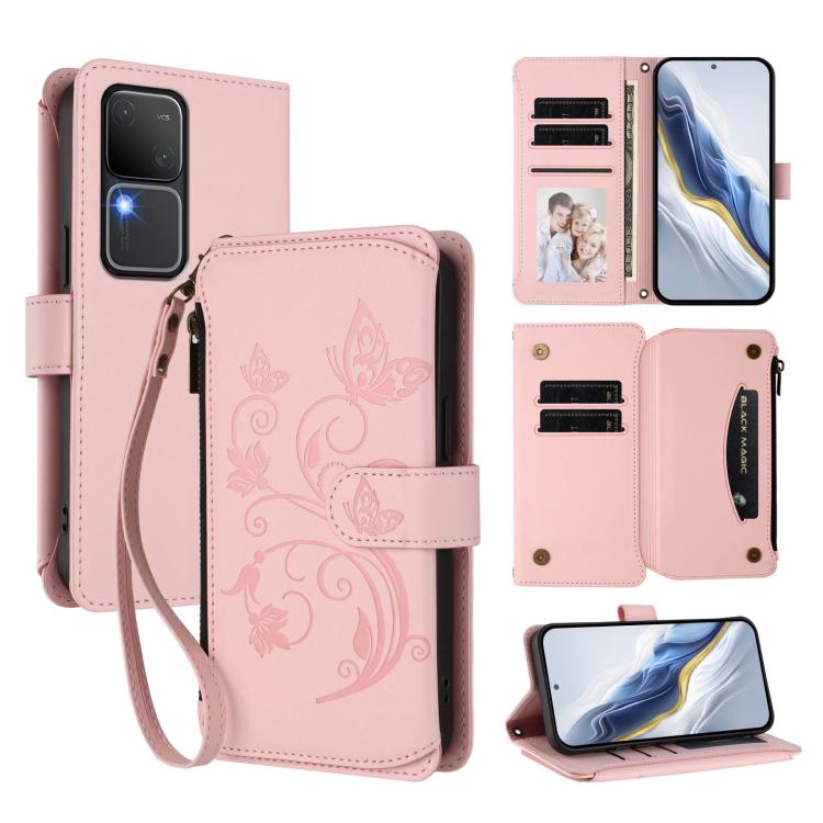 Butterfly Love Flower Multi-card Zipper Wallet Leather Phone Case, For vivo Y38 5G Global / T3X 5G, For vivo X100 Pro / X100s Pro, For vivo X100s 5G, For vivo iQOO Z9x, For vivo iQOO Neo Z9 / Z9 Pro Turbo 5G, For vivo S18 / S18 Pro 5G / V30 Pro