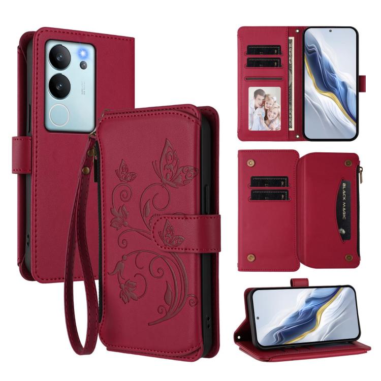 Butterfly Love Flower Multi-card Zipper Wallet Leather Phone Case, For vivo Y17s 4G / Y36 5G / Y33t 2023, For vivo V29e / Y200 / V30 Lite 5G, For vivo Y78 / Y36 4G Global, For vivo X100 5G, For vivo S17 / S17 Pro 5G / S17t 5G                           ...