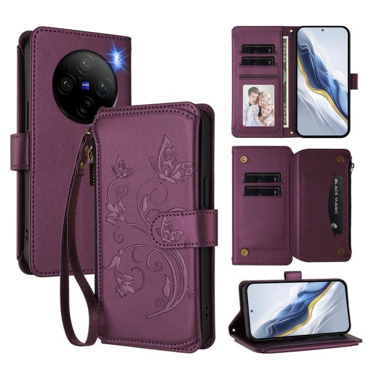 Butterfly Love Flower Multi-card Zipper Wallet Leather Phone Case, For vivo Y17s 4G / Y36 5G / Y33t 2023, For vivo V29e / Y200 / V30 Lite 5G, For vivo Y78 / Y36 4G Global, For vivo X100 5G, For vivo S17 / S17 Pro 5G / S17t 5G                           ...