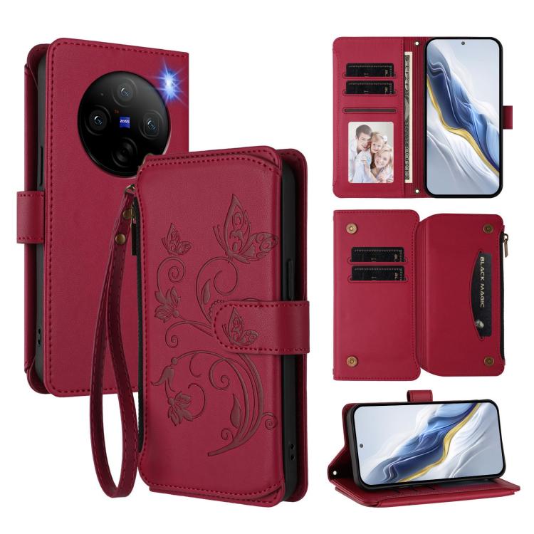 Butterfly Love Flower Multi-card Zipper Wallet Leather Phone Case, For vivo Y17s 4G / Y36 5G / Y33t 2023, For vivo V29e / Y200 / V30 Lite 5G, For vivo Y78 / Y36 4G Global, For vivo X100 5G, For vivo S17 / S17 Pro 5G / S17t 5G                           ...