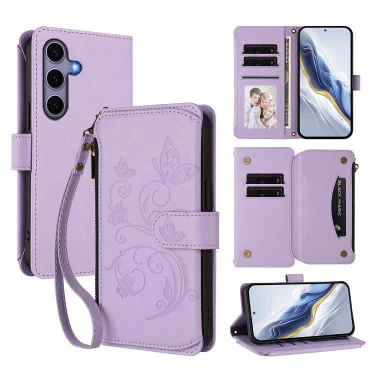 Butterfly Love Flower Multi-card Zipper Wallet Leather Phone Case, For Galaxy S24 / S25 5G, For Galaxy S24+ / S25+ 5G, For Galaxy S25 Ultra 5G, For Galaxy S24 FE 5G, For Galaxy S24 Ultra 5G, For Galaxy S23 FE 5G
