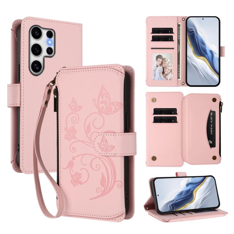 Butterfly Love Flower Multi-card Zipper Wallet Leather Phone Case, For Galaxy S24 / S25 5G, For Galaxy S24+ / S25+ 5G, For Galaxy S25 Ultra 5G, For Galaxy S24 FE 5G, For Galaxy S24 Ultra 5G, For Galaxy S23 FE 5G