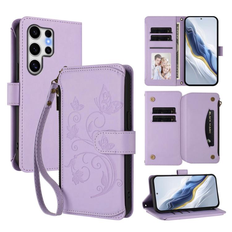 Butterfly Love Flower Multi-card Zipper Wallet Leather Phone Case, For Galaxy S24 / S25 5G, For Galaxy S24+ / S25+ 5G, For Galaxy S25 Ultra 5G, For Galaxy S24 FE 5G, For Galaxy S24 Ultra 5G, For Galaxy S23 FE 5G