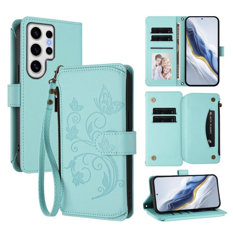 Butterfly Love Flower Multi-card Zipper Wallet Leather Phone Case, For Galaxy S24 / S25 5G, For Galaxy S24+ / S25+ 5G, For Galaxy S25 Ultra 5G, For Galaxy S24 FE 5G, For Galaxy S24 Ultra 5G, For Galaxy S23 FE 5G