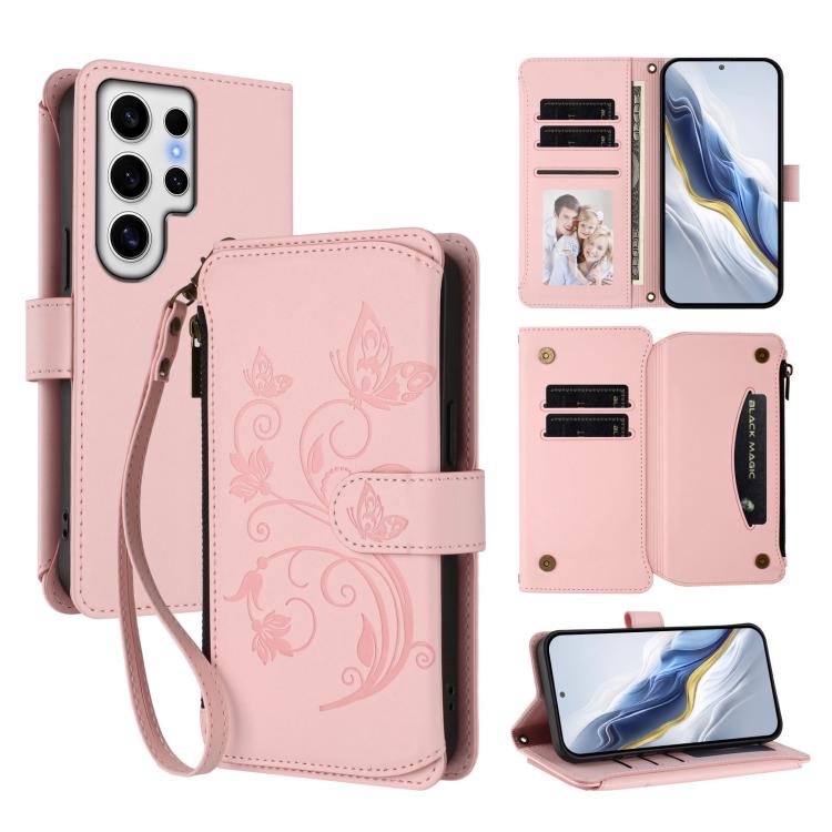 Butterfly Love Flower Multi-card Zipper Wallet Leather Phone Case, For Galaxy S24 / S25 5G, For Galaxy S24+ / S25+ 5G, For Galaxy S25 Ultra 5G, For Galaxy S24 FE 5G, For Galaxy S24 Ultra 5G, For Galaxy S23 FE 5G
