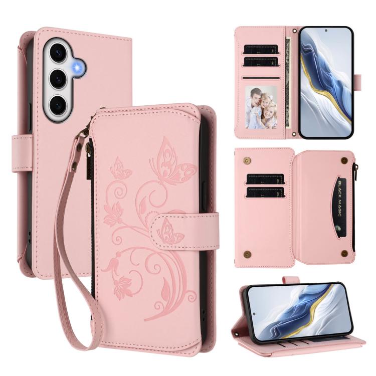 Butterfly Love Flower Multi-card Zipper Wallet Leather Phone Case, For Galaxy S24 / S25 5G, For Galaxy S24+ / S25+ 5G, For Galaxy S25 Ultra 5G, For Galaxy S24 FE 5G, For Galaxy S24 Ultra 5G, For Galaxy S23 FE 5G