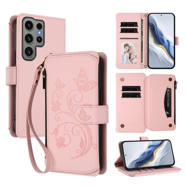 Butterfly Love Flower Multi-card Zipper Wallet Leather Phone Case, For Galaxy S23 Ultra 5G, For Galaxy S23+ 5G, For Galaxy S23 5G, For Galaxy S20 FE, For Galaxy S22 Ultra 5G, For Galaxy S22+ 5G