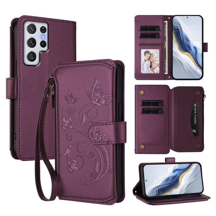 Butterfly Love Flower Multi-card Zipper Wallet Leather Phone Case, For Galaxy S23 Ultra 5G, For Galaxy S23+ 5G, For Galaxy S23 5G, For Galaxy S20 FE, For Galaxy S22 Ultra 5G, For Galaxy S22+ 5G
