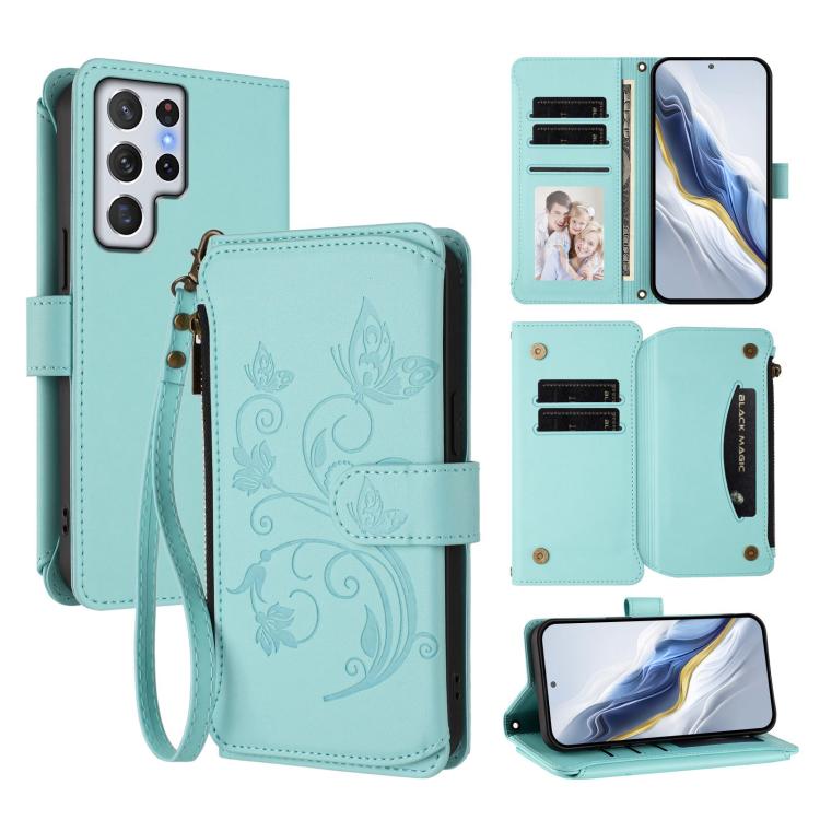 Butterfly Love Flower Multi-card Zipper Wallet Leather Phone Case, For Galaxy S23 Ultra 5G, For Galaxy S23+ 5G, For Galaxy S23 5G, For Galaxy S20 FE, For Galaxy S22 Ultra 5G, For Galaxy S22+ 5G