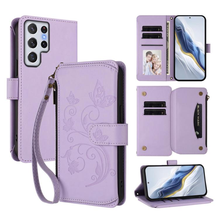 Butterfly Love Flower Multi-card Zipper Wallet Leather Phone Case, For Galaxy S23 Ultra 5G, For Galaxy S23+ 5G, For Galaxy S23 5G, For Galaxy S20 FE, For Galaxy S22 Ultra 5G, For Galaxy S22+ 5G